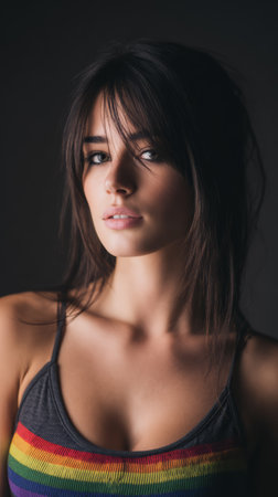 A young woman poses confidently with her dark hair slightly tousled. She wears a rainbow-striped top and gazes directly at the camera, creating an intimate atmosphere with soft lighting.の素材