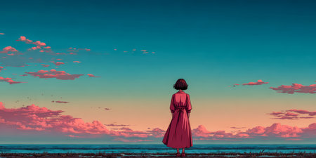 A young woman stands alone at the shore, wearing a flowing pink dress. She admires a stunning sunset, where vibrant colors blend with the sea and clouds.の素材