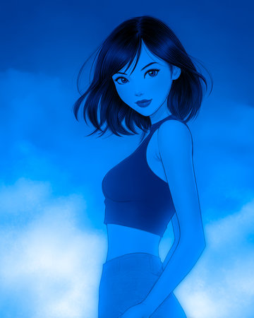 A young woman stands confidently with a stylish cropped top against a dreamy blue background filled with soft clouds. The scene captures a calm, serene moment at twilight.の素材
