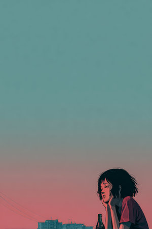 A girl sits quietly, her chin resting on her hand, gazing off into the distance. The vibrant colors of sunset create a calm and reflective mood as she contemplates life.の素材