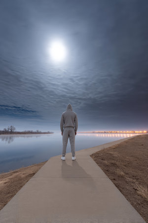 A person wearing a gray hoodie is standing on a pathway beside a serene body of water. The bright moon illuminates the scene, creating an atmospheric night setting.の素材