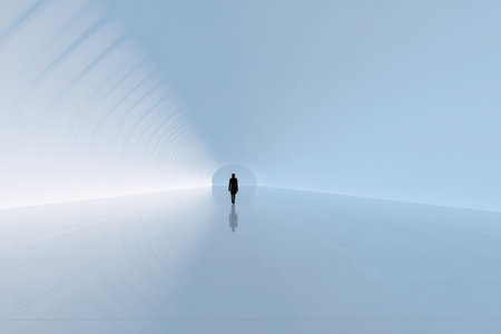 A lone individual walks through a large, light-filled tunnel. The smooth, reflective surface creates a calm and serene environment, enhancing the sense of solitude and openness.の素材