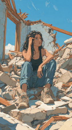 A young woman sits on rubble in a destroyed building, wearing casual clothes and headphones. She appears contemplative, surrounded by remnants of a past structure under clear blue skies.の素材
