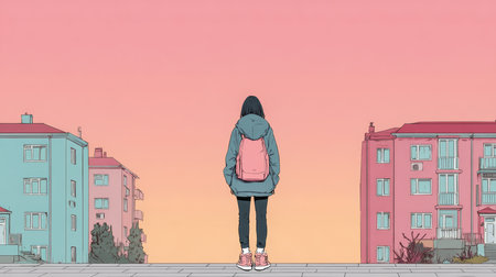 A girl in a backpack stands on a street, gazing at the beautiful sunset. The colorful buildings create a calm and inviting scene, perfect for reflection.の素材