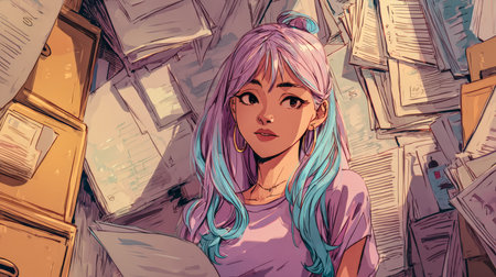 A young woman with pink and blue hair stands in a messy office filled with stacks of papers and folders. She looks thoughtfully at documents in her hands, focused on her work.の素材