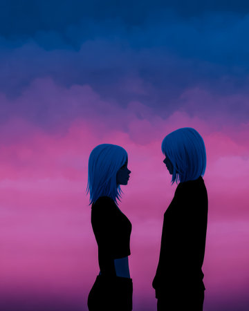 Two silhouetted figures stand closely facing each other. The background features a beautiful sunset with vibrant shades of pink and blue, creating a calm and intimate atmosphere.の素材