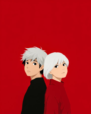 Two youthful characters are positioned back to back, one with silver hair and the other with white hair. They wear simple sweaters and display unique expressions, creating a striking visual contrast.の素材