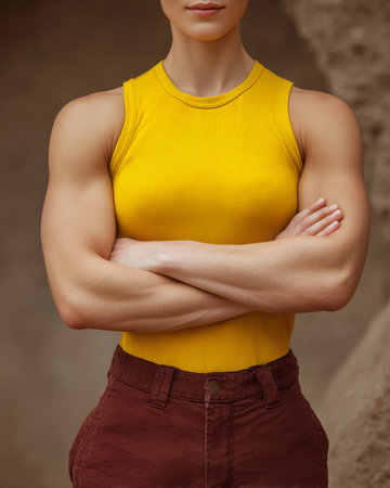 A woman stands with her arms crossed, displaying her strong muscles in a bright yellow top. She exudes confidence and strength, with a simple yet striking backdrop enhancing her presence.の素材