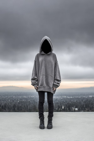 A person stands alone on a rooftop wearing a gray hoodie. The backdrop features a vast cityscape under a moody, cloudy sky as the sun sets, creating a striking silhouette.の素材