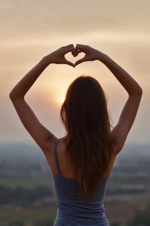 A woman creates a heart shape with her hands while facing a beautiful sunset. The golden light casts a warm glow over the landscape, creating a serene atmosphere.の素材