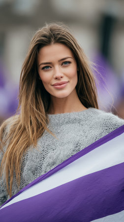 A woman with long hair smiles as she holds a flag while surrounded by a lively crowd. The event features purple banners, creating a festive atmosphere in the city.の素材