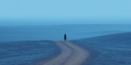 A person dressed in dark clothing walks down a winding dirt path surrounded by vast open fields and a hazy blue sky, evoking a sense of solitude and calmness.の素材