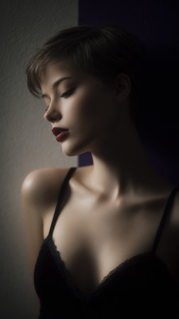 A young woman stands still in low light, her profile highlighted by soft shadows. She showcases a serene expression and wears elegant black attire, creating a calm atmosphere.の素材