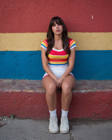 A young woman with long hair sits on a low wall, dressed in a vibrant striped outfit. She rests against a striking red and blue mural in an open area.の素材