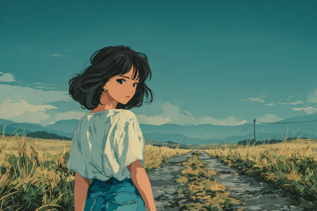 A girl with black hair looks back while walking on a dirt road surrounded by tall grass and mountains under a bright sky. The scene captures a tranquil moment in nature.の素材