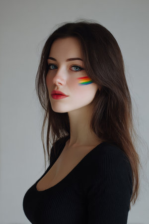 A young woman poses with a vibrant rainbow stripe painted on her cheek. She stands confidently against a plain background, showcasing her striking features and fashionable black top.の素材