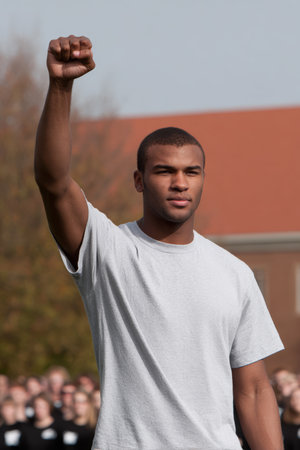 At an outdoor event, a young man stands tall with his fist raised in a gesture of unity. The crowd behind him adds to the powerful atmosphere, emphasizing his determination.の素材