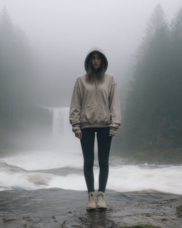 A young person wearing a hooded sweatshirt stands by a misty waterfall. The atmosphere is calm, with dense trees surrounding the water. The fog adds a mysterious touch to the scene.の素材