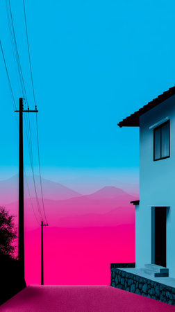 A bright and colorful landscape shows a house beside electric poles. The sky transitions from blue to pink as distant mountains create a surreal backdrop during sunset.の素材