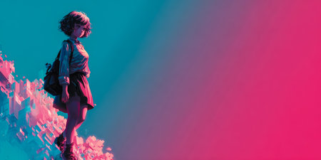 A girl with short hair and a backpack stands on the edge of a vibrant, abstract landscape. The scene shifts from blue to pink, reflecting a mix of creativity and emotion.の素材