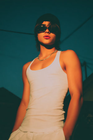 A young man wearing sunglasses and a sleeveless shirt stands proudly against a vibrant sunset. The urban landscape adds an edgy feel to the scene, highlighting youth and style.の素材