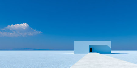 A minimalistic blue structure stands alone in a vast sea of white, surrounded by calm waters and under a bright blue sky. The peaceful atmosphere invites reflection and tranquility.の素材