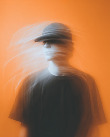 A young person wearing a hat is captured in motion against a bright orange backdrop. The movement creates a unique, artistic blur effect, showcasing creativity and energy.の素材