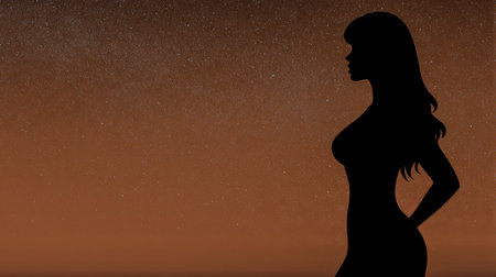 A woman stands in profile at dusk, her figure outlined against a vibrant starry sky. The tranquil atmosphere highlights the beauty of the moment.の素材
