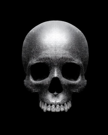 A metallic skull is displayed prominently, highlighting its smooth surface and intricate detailing. The dark background contrasts sharply, enhancing the skull's features and texture.の素材