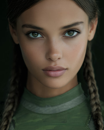 A young woman poses confidently with her striking green eyes and braided hair. She wears a military-style top, while the dark background enhances her features, adding to the strong look.の素材