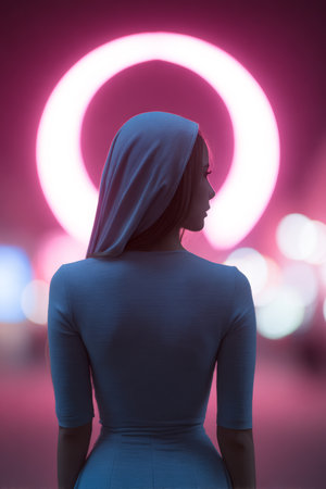 A woman dressed in a gray outfit poses with her back turned, illuminated by a large neon halo. The colorful city lights create a dynamic atmosphere at night.の素材
