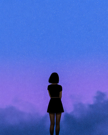 A woman in a black dress stands facing a vibrant twilight sky filled with shades of blue and purple. The peaceful setting captures a moment of reflection during dusk.の素材