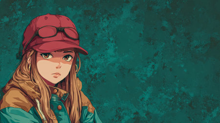 A young woman with long hair wears a green jacket and a red cap with sunglasses atop her head. She sits with a serious expression against a textured teal backdrop, creating an interesting contrast.の素材
