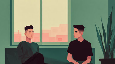 Two young men sit across from each other, engaged in a thoughtful conversation. The soft lighting from the window creates a warm and inviting atmosphere, perfect for sharing ideas.の素材