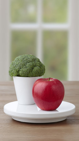 Bright green broccoli in a white pot sits beside a shiny red apple on a simple white plate. Soft, natural light creates a calm atmosphere in the background.の素材