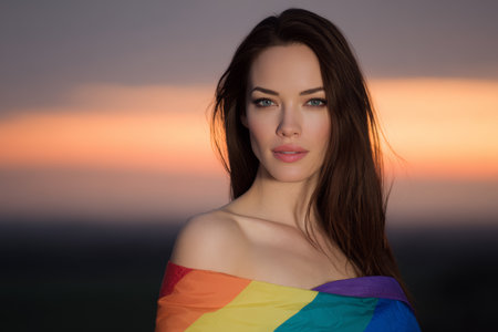 A woman stands in an open field, wrapped in a rainbow flag, showcasing pride and beauty. The vibrant colors shine against a stunning sunset background.の素材