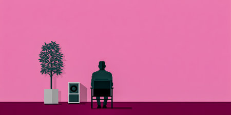 A solitary figure sits on a chair, facing a pink wall in a simple room. A potted plant and a speaker add the only decoration, creating a calm atmosphere for reflection.の素材