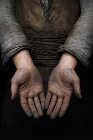 Weathered hands emerge from a dark background, displaying dirt and signs of labor. This scene captures the essence of manual work and dedication in a simple yet powerful way.の素材
