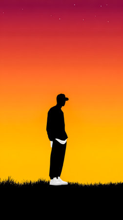 A man stands alone in a grassy field, his silhouette outlined against a bright sunset. The sky transitions from orange to deep red, creating a serene ambiance as daylight fades.の素材