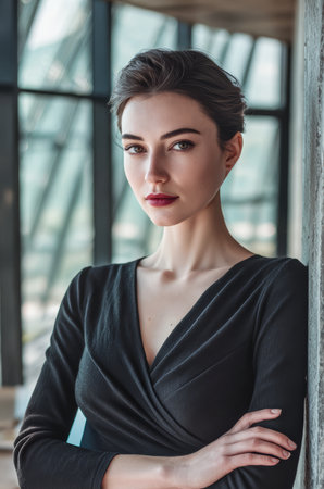 A woman stands confidently in a stylish outfit, leaning against a wall in a contemporary space. Natural light highlights her features and creates a serene backdrop.の素材