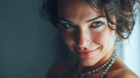 A woman with curly brown hair and striking blue eyes smiles gently while positioned near a window. The warm light creates a cozy atmosphere in the room.の素材