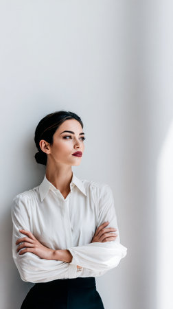 A woman wearing a crisp white blouse stands with her arms crossed, leaning against a light wall. She looks thoughtfully into the distance, exuding confidence and poise in a bright, modern space.の素材
