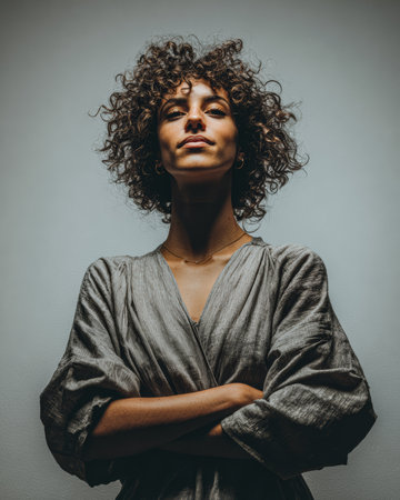 A woman with beautiful curly hair stands confidently with arms crossed, showcasing a modern, textured outfit. The setting features a simple, neutral background, emphasizing her strong presence.の素材
