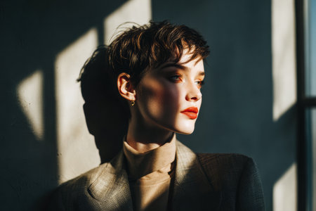 A stylish woman poses against a wall, illuminated by soft, natural light. Her short hair and elegant attire highlight her confident demeanor, creating a captivating atmosphere of sophistication.の素材