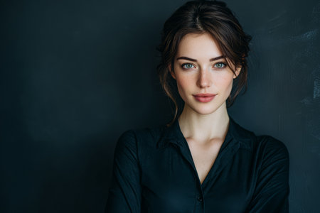 A young woman stands confidently against a dark backdrop, showcasing her striking features and natural beauty. She exudes poise and elegance in her relaxed pose.の素材