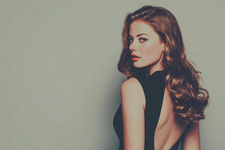 A woman showcases her beauty in a sleek black dress with an open back. Her wavy hair cascades down her shoulders as she strikes a confident pose against a plain gray backdrop.の素材