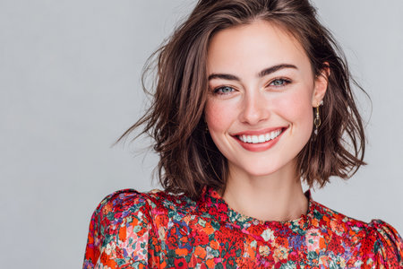 A young woman smiles brightly while wearing a vibrant floral top. Her carefree hairstyle complements her joyful expression, creating an inviting atmosphere.の素材