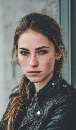 A young woman stands confidently in an urban environment, her long hair loosely tied back. She wears a black leather jacket and has striking blue eyes and freckles, showcasing a serious expression.の素材
