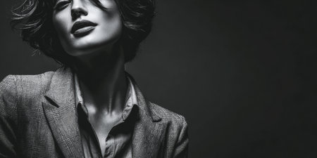 A confident model showcases stylish attire in a fitted blazer, creating a striking look against a dark backdrop. The urban vibe enhances the overall aesthetic, capturing a chic moment.の素材