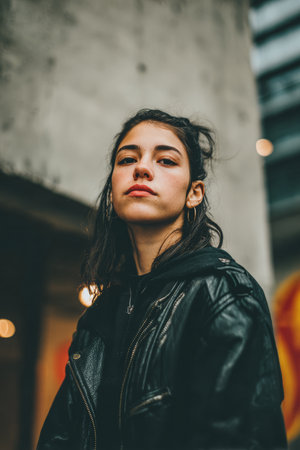 A young woman stands confidently in a leather jacket against a concrete wall. Soft lights create a moody atmosphere, highlighting her expression and style.の素材